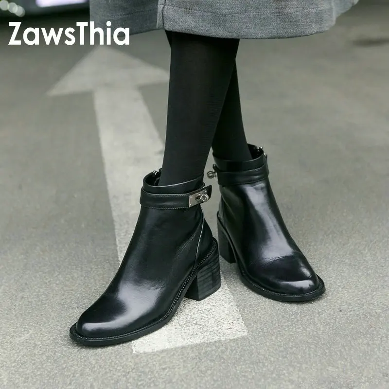 ZawsThia/Роскошные брендовые черные женские ботильоны из натуральной кожи Женская