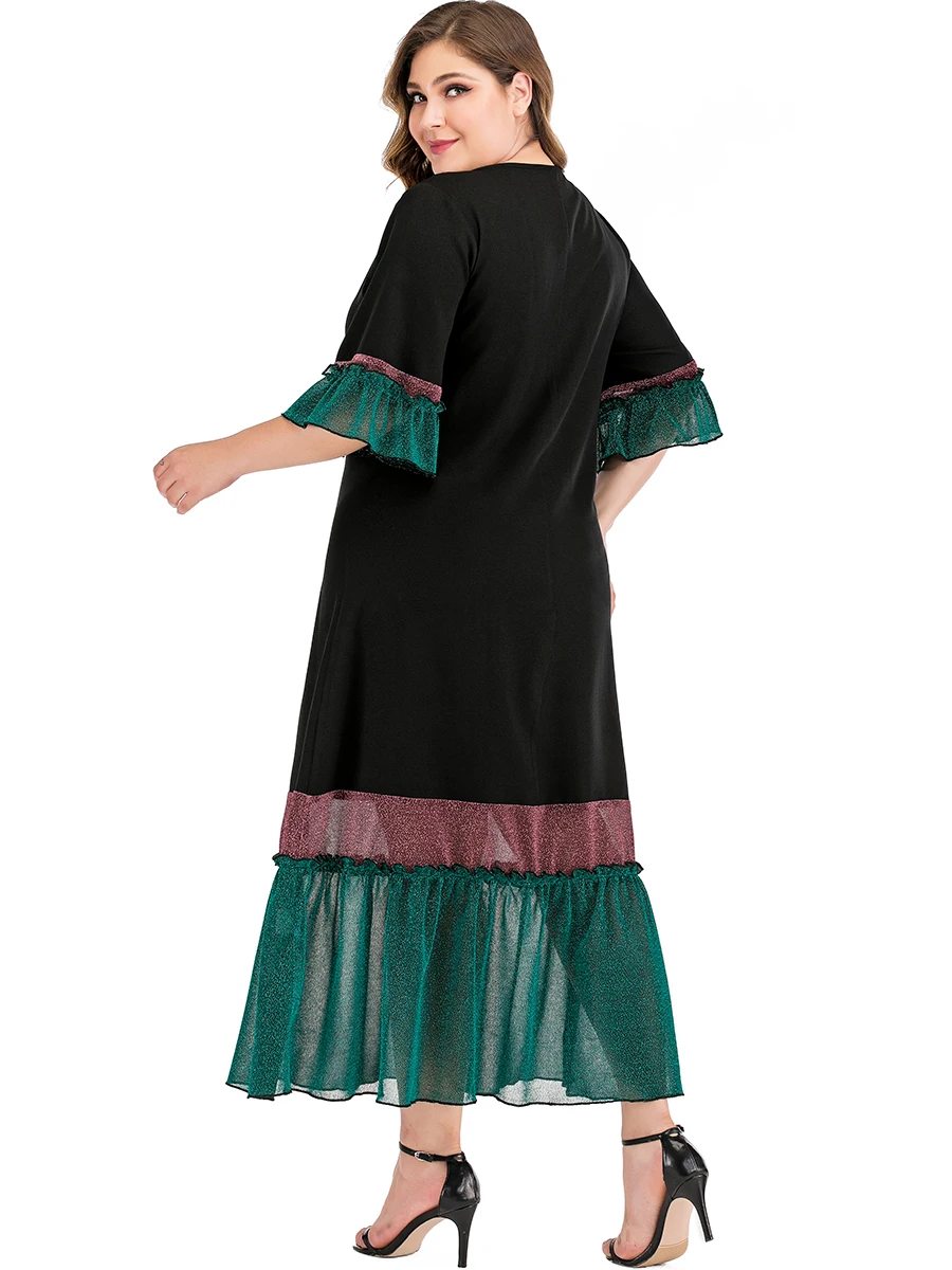 Siskakia летние платья новые модные блестящие сетчатые прозрачные Лоскутные Платья с v-образным вырезом и оборками с рукавом средней длины размера плюс Новинка
