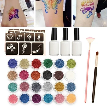 

24 Color Glitter Semi-Permanent Small Tattoo Glue Multicolor Glitter Tattoo Powder Temporary Tattoo Body Painting Kit