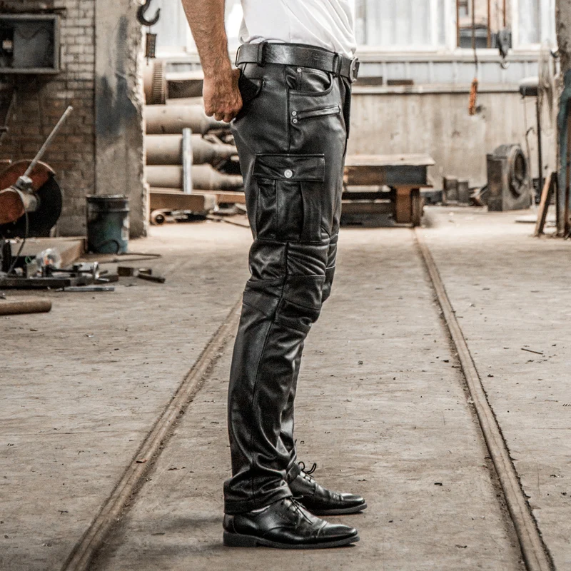 Брендовые дизайнерские штаны из натуральной кожи мужские профессиональные мотоциклетные байкерские длинные брюки в винтажном стиле большого размера, мягкий Cowskin черные брюки