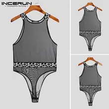 

INCERUN Men Sexy Leisure Homewear Short Bodysuit Hot Sale All-match Rompers Undershirt Sleeveless See-through Onesies S-5XL 2021