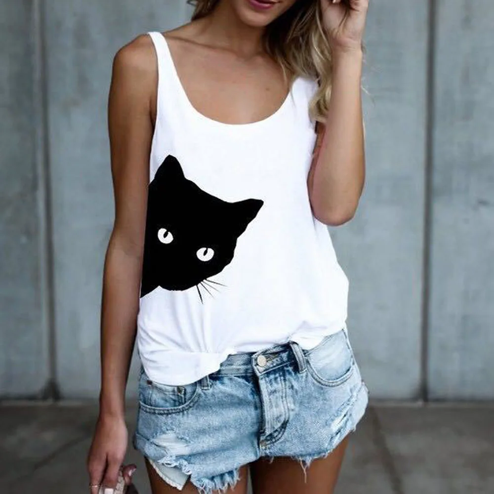 2020 Women's Cat Printed Tank Tops Sexy O Neck Tee Tops Casual Lady Loose Vests WDC4740Tank