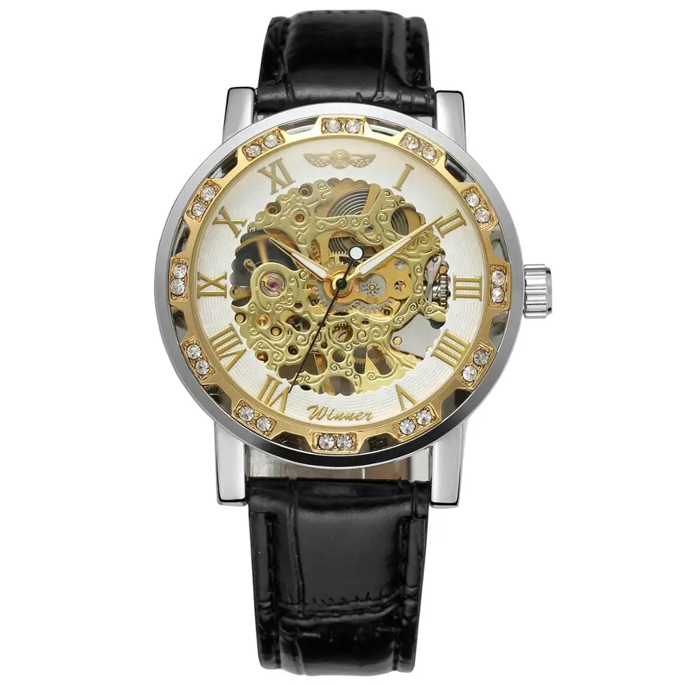 

Победитель Модные женские часы с бриллиантами в циферблат, серебристый чехол с черным кожаным ремешком Мужские автоматические механические часы