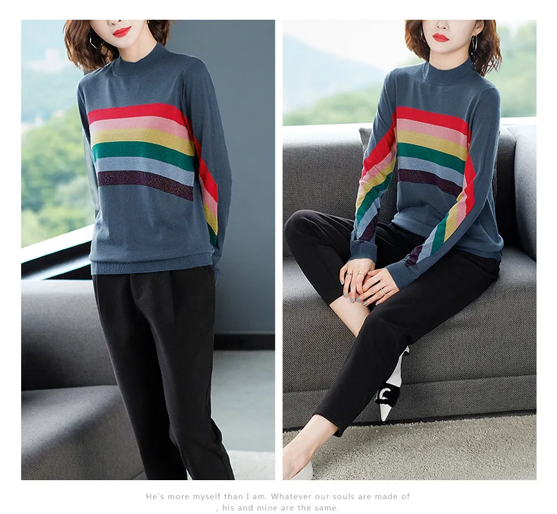Autumn Women Christmas Sweater O-neck Rainbow Stripes Loose Pullovers Korean Chic Knitted Jumpers Harajuku Winter Clothes