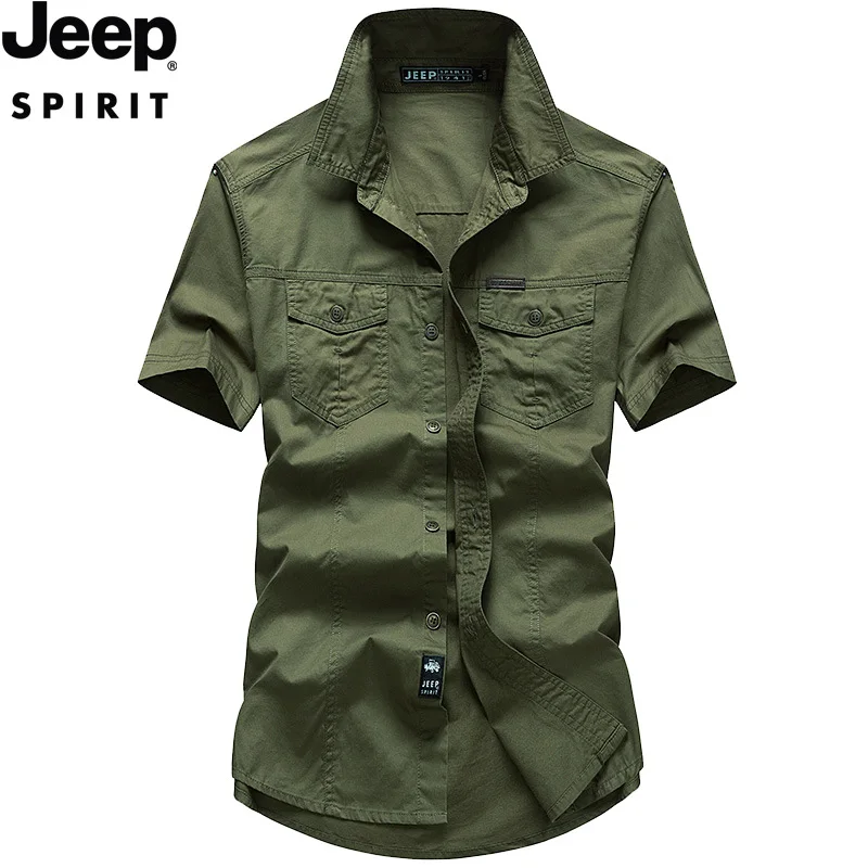 

2020 JEEP Men's Short Sleeve Shirt Fashion Slim Breathable Summer Solid Color Trend Cotton Shirt Clothes