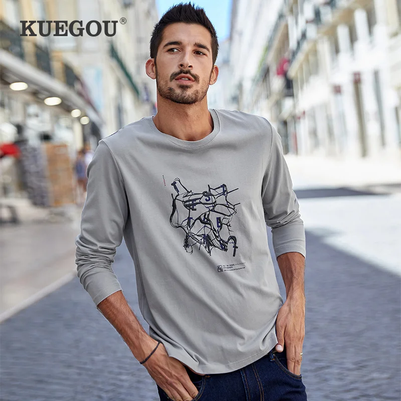 KUEGOU 2022 Spring 100% Cotton Print Gray T Shirt Men Tshirt Brand T-shirt Long Sleeve Tee For Male Oversize Tops 88026 | Мужская одежда