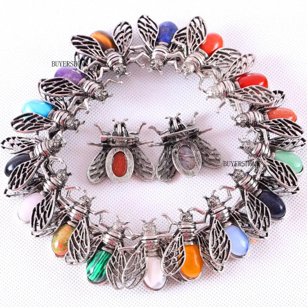 1Pcs Silver Cicada Brooch Natural Stone Pendant Howlite Rhodonite Carnelian Onyx Bead for Men Women DIY Jewelry Making