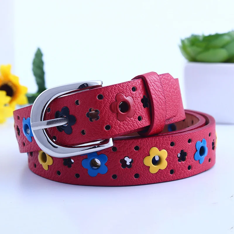 red belt Детский дизайнерский пояс с цветочным узором, г.,, модные желтые ремни для мальчиков и девочек, wiastband, повседневный белый, красный, черный ремень из кожи - Цвет: red belt
