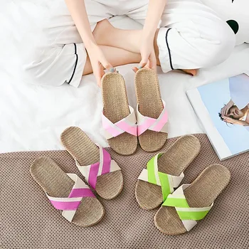 

Suihyung Summer Indoor Slippers Women Breathable Linen Slippers Casual Flat Slides Couple Men Flip Flops Non-slip Beach Sandals