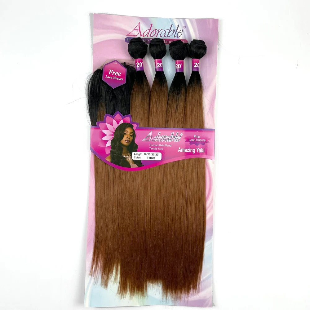 Deep Brown Color Yaki Straight Synthetic Bundles With LaceClosure High Temperature Fiber For Black Woman T1b30 Amazing Yaki 4pcs
