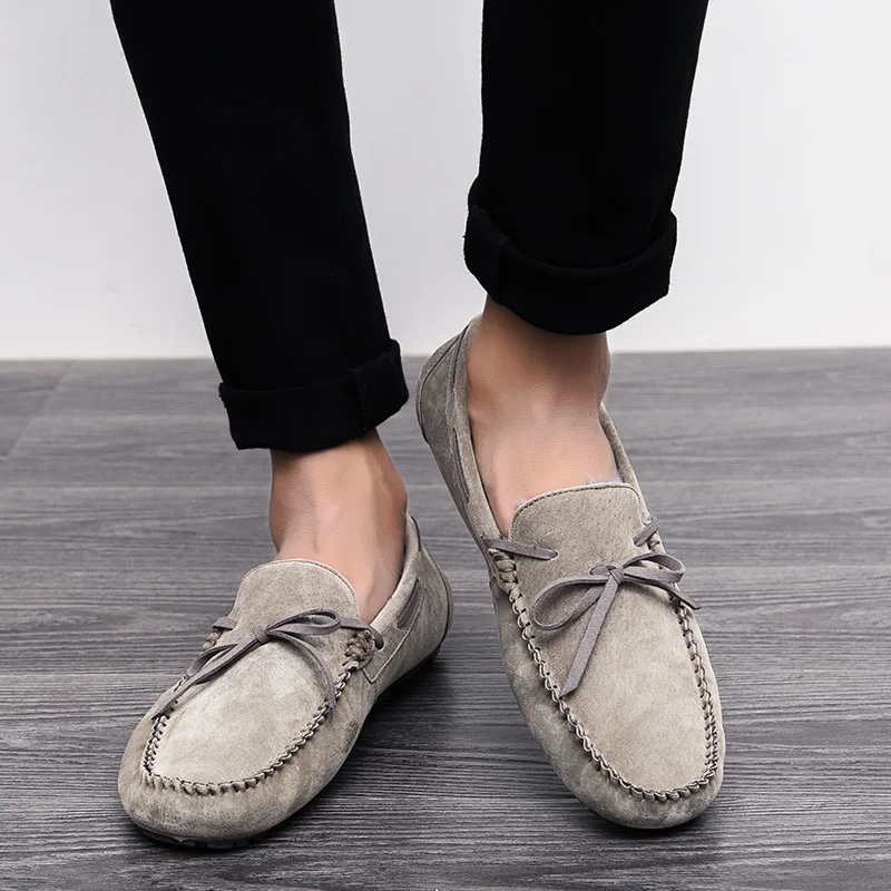 Slip On Driving Shoes For Men Khaki Winter Plush Mens Shoes Suede Loafers Fur Man Moccasins Leather Boat Shoes Male Casual Flats