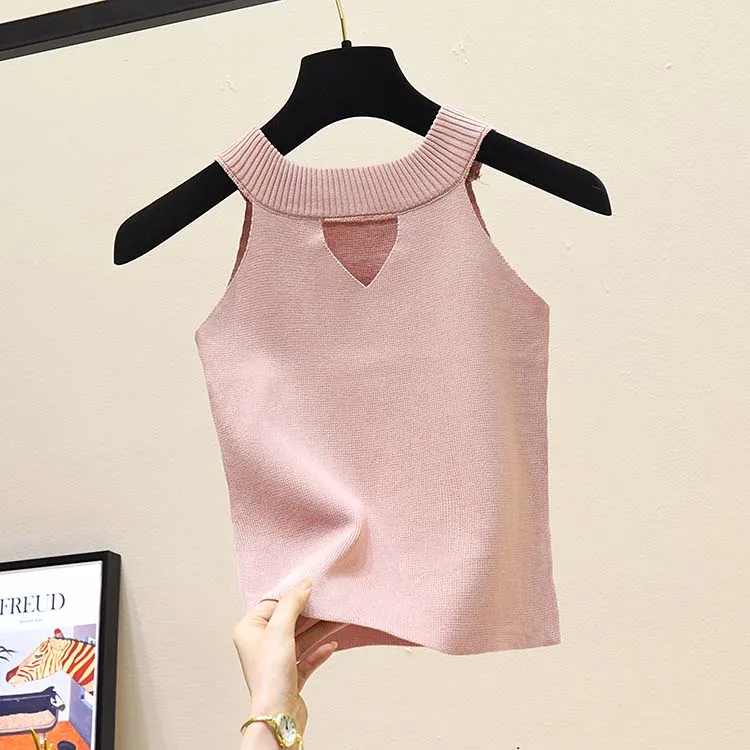 PINK HELIAR Knitti Camis Женская однотонная майка с О-образным вырезом с дырками Летняя женская майка женская шикарная безрукавка Женские однотонные безрукавки - Цвет: PINK