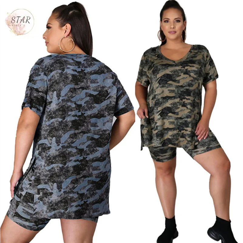 Conjuntos de pantalones cortos de talla grande 5xl para mujer, ropa de dos piezas, chándales de camuflaje de verano, traje holgado informal para trotar, venta al por mayor, envío directo