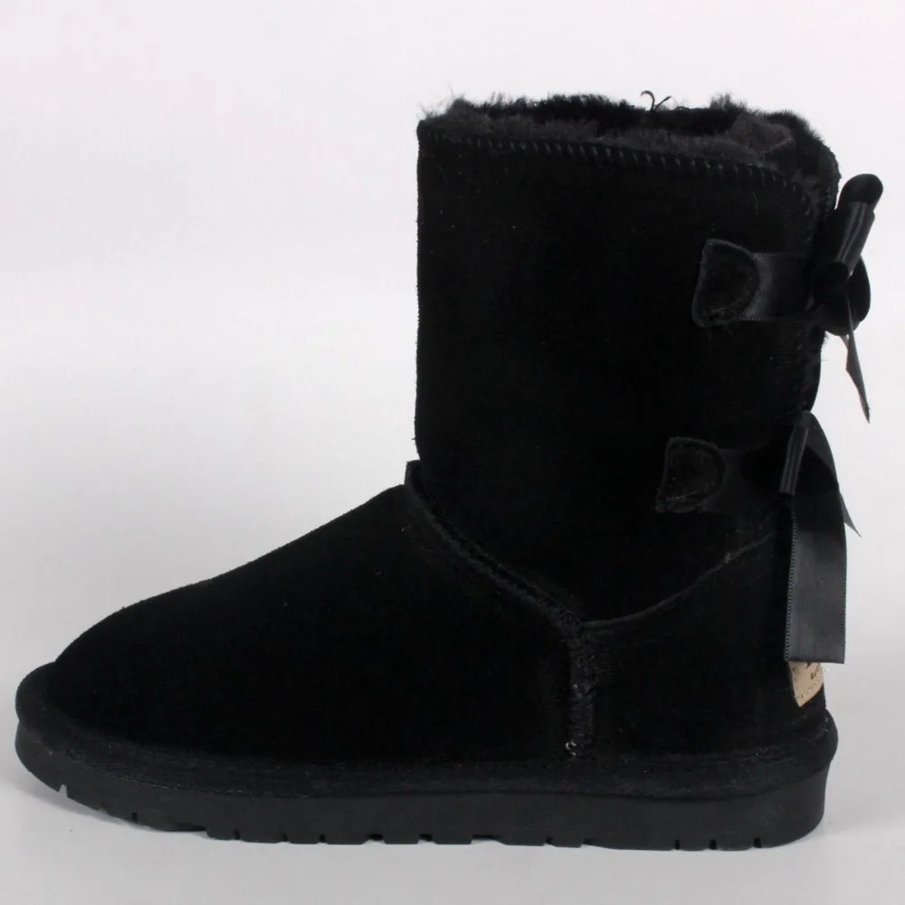 2019 winter new ladies leather snow boots bow imitation wool flat bottom feet round head non-slip warm and thick women's ankle b