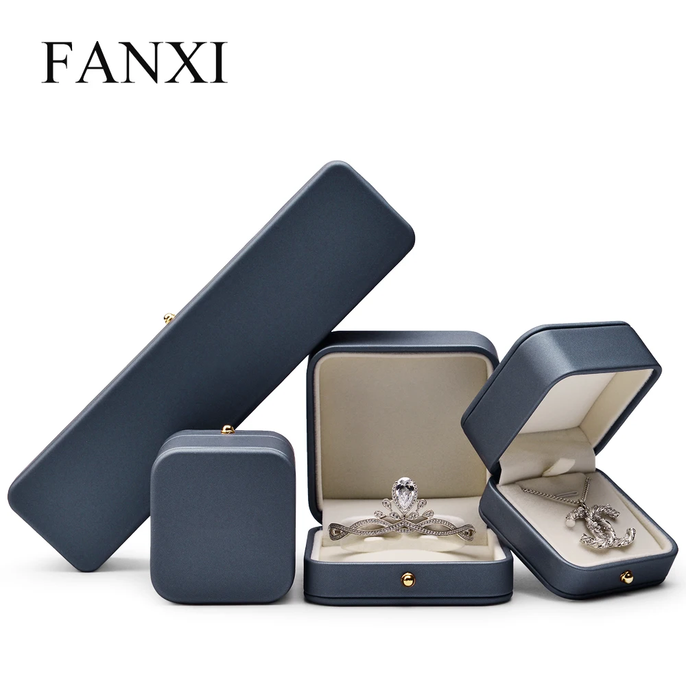 

Fanxi Bule PU Leather jewelry Box with Metal Button of Ring Pendant Bracelet Box packaging Showcase