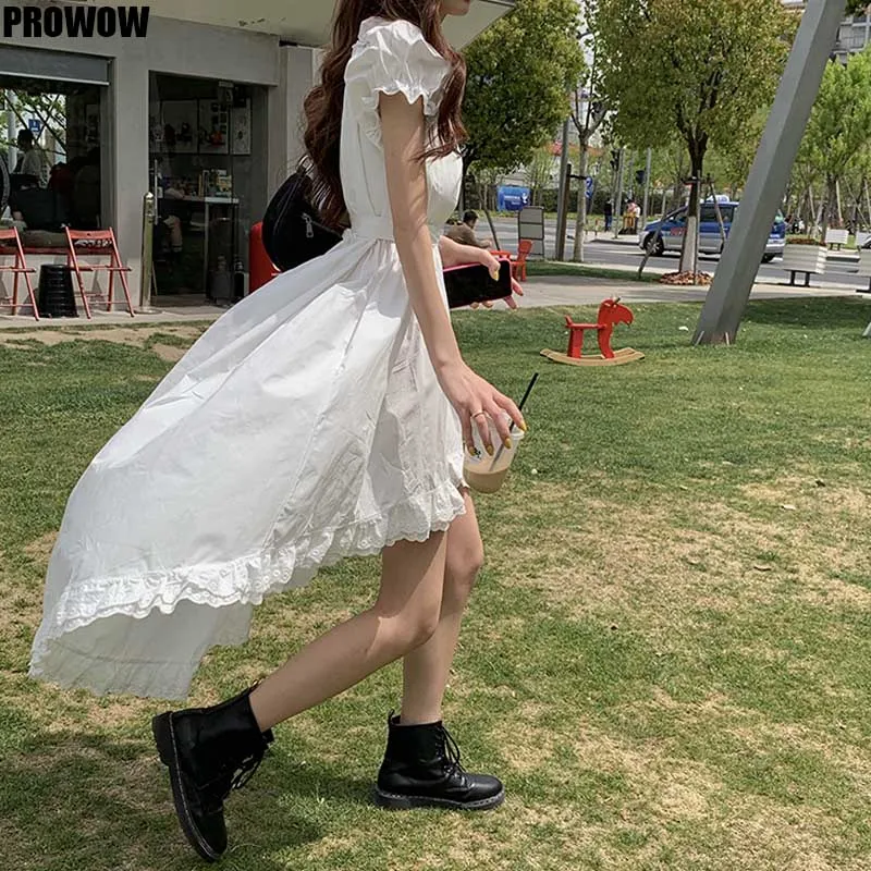 Korean Chic Irregular Short-Sleeved White Dress 2020 Summer Women French Elegant Square Collar Puff Sleeve Waist Midi Dresses