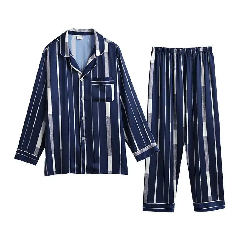 mens pjs New Men Pajamas for Men Pijama Set Long-sleeved Comfortable Sleep Tops Imitate Silk Mens Pajamas Men Sleepwear Set Men Sleepwear mens sleep wear Pajama Sets