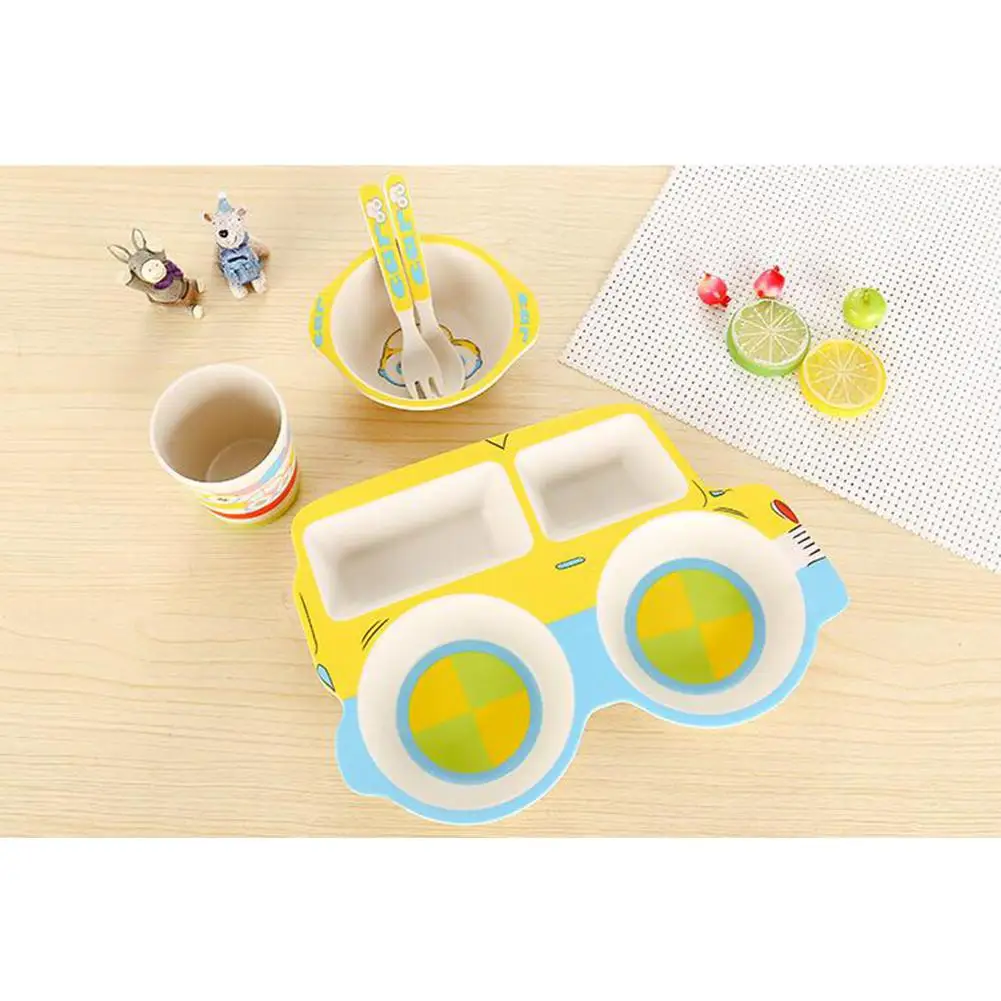 HobbyLane 5Pcs/Set Kids Bamboo Fiber Cartoon Car Pattern Plate Bowl Tableware Set for Kindergarten