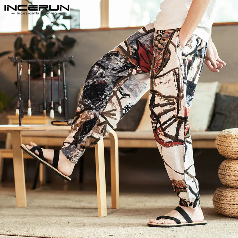 INCERUN, мужские шаровары, с принтом, Ретро стиль, уличная одежда, хлопок, 2020, повседневные брюки, мужские, мешковатые, для бега, на шнурке, брюки размера плюс, 5XL|Джогеры|   | АлиЭкспресс