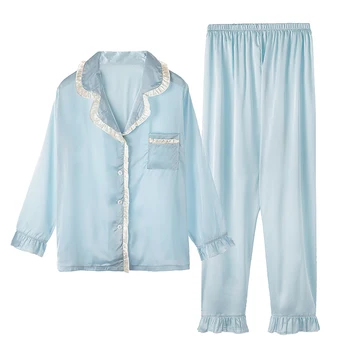 

Missyou Silk Pajamas for Women Ruffle Lapel Pijamas Autumn Long Sleeve Sleepwear Mujer Tops+Pants 2 PCS Set Pyjamas Homewear