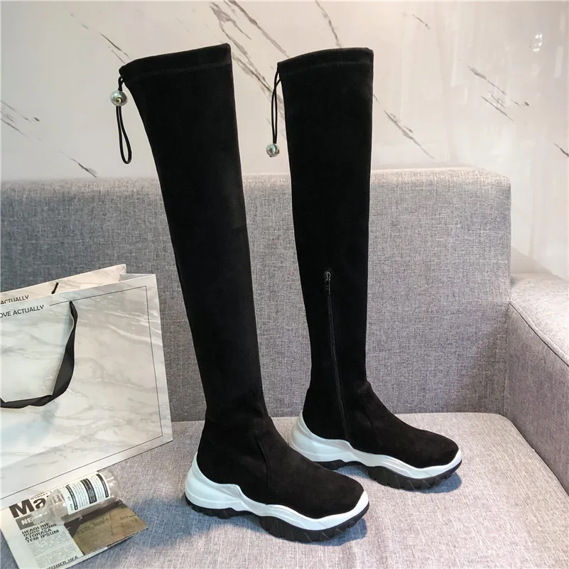 Meotina Winter Thigh High Boots Women Slim Stretch Flat Platform Over The Knee Boots Zipper Round Toe Shoes Lady Autumn Size 39