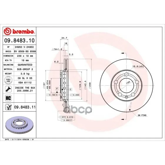 Диск Тормозной Передний Вент.(239x18) 5 Отв.(Min2) Brembo арт. 09.8483.11