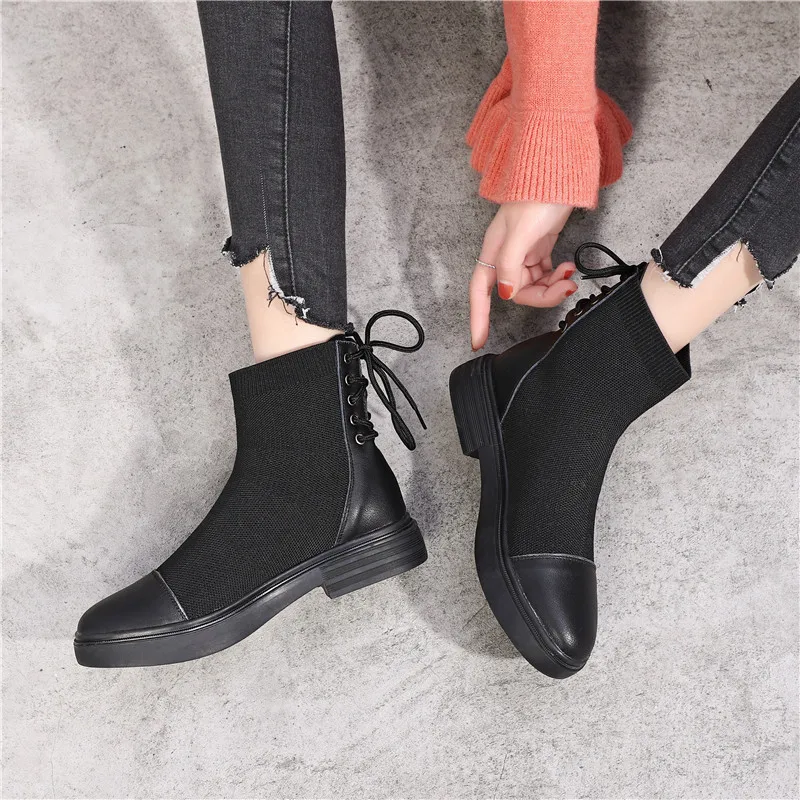 

Leisure Mature Womens Boots Ankle Short Med Pointed Toe Air Mesh Vintage Boots Solid Lace-Up Winter Big Size Shoes