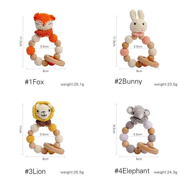1 Pc Wooden Natural Crochet Baby Infant Teether Teething Ring Bracelet Toys Animal Shaped Nursing Bracelet Rattle Gift for Kids 6