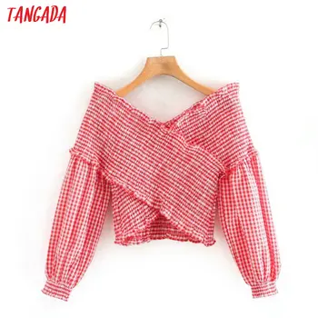 

Tangada women red plaid print crop shirt blouse long sleeve 2020 new arrival chic female sexy slim tops 5Z151