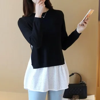 

Round Neck Knitted Sweater 2020 Spring Autumn Korean Chic Fake Two Piece Patchwork Pullovers Knitwear Causal Female Tops
