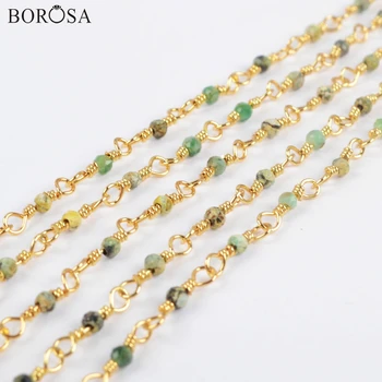 

BOROSA 3Meters Gold Color 2mm Africa Turquoises Beads Faceted Chains Natural Stone Bead Brass Chains Jewelry JT241