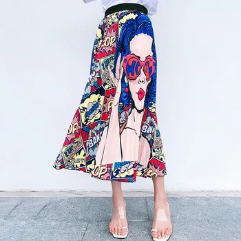 

Cartoon Girl Print Beach Boho Skirt Plus Size Long Maxi Skirt Summer High Elastic Waist Pleated Skirt Korean Vintage Streetwear