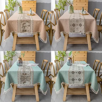 

Cotton Linen Printed Decorative Tablecloth Tassels Dining Table Cover Cloth Party Wedding Home Kitchen Rectangular Table Cloth