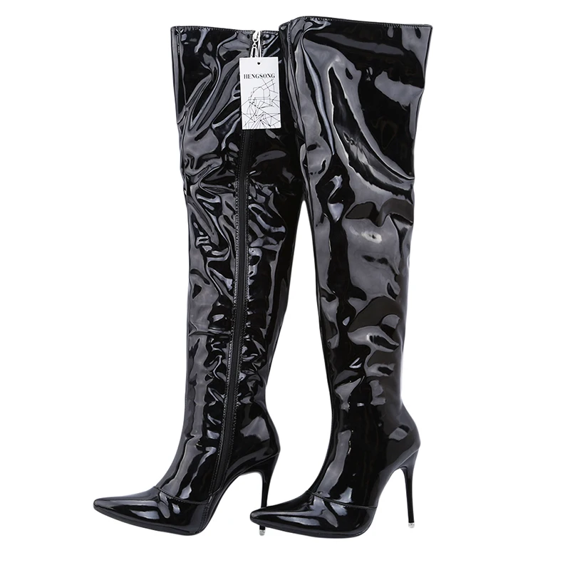 Зеркальные женские сапоги выше колена из искусственной кожи; ботинки на очень высоком каблуке с острым носком; женская обувь; новая зимняя теплая обувь; большие размеры