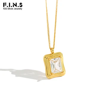 

F.I.N.S Korea Style Woman 925 Sterling Silver Necklace INS Simple Geometric Square Zircon Costume Female Silver 925 Jewelry