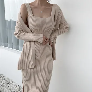 

Women's Casual Long Sleeved Cardigan + Suspenders Sweater Vest Dress 2020 Spring New High Quality Two Piece Runway Dress Suit