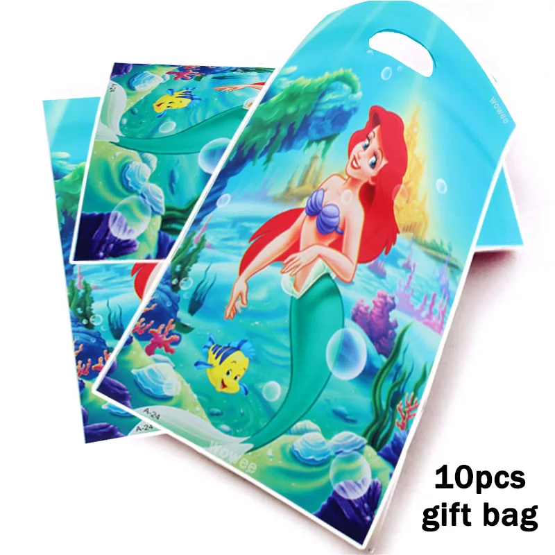 10 Kids Little Mermaid Disposable Tableware Happy Birthday Party Supplies Festival Decoration Event Party Favor Gender Reveal Girls Ariel Princess Tablecloth Caketopper - Цвет: 10Gift Bag