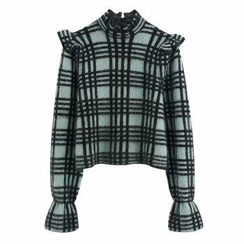 

Za women's new stand collar long sleeve elastic cuffs laminated decorative fabric Plaid knitted sweater in early spring 2020