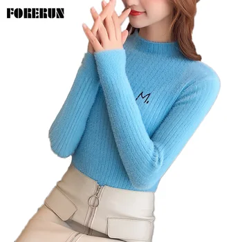 

FORERUN Turtleneck Sweater Women Knitted Sweaters Winter Long Sleeve Letter Sweter Solid Thick Soft Pullover Truien Dames