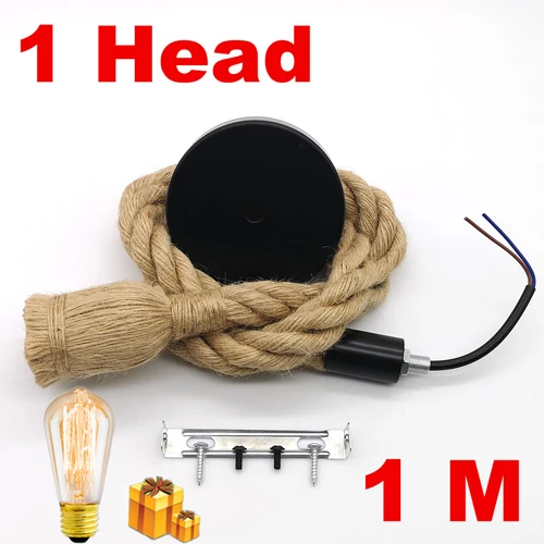 1M single Head Подвесной светильник в стиле ретро, пеньковая веревка, AC90-260V, винтажный, E27, светодиодный светильник, лампа, Подвесная лампа, промышленная лампа, лофт, домашний декор, Подвесная лампа - Цвет корпуса: 1M single Head