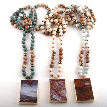 

RH Fashion Beaded Jewelry Natural Stones Long Knotted Semi Precious Rectangle Stone Pendant Necklaces For Women