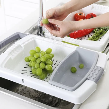 

3-in-1 Retractable Drain Basket Multifunction Non-slip Cutting Board Chopping Block Kitchen Gadget Home Portable Storage Tools