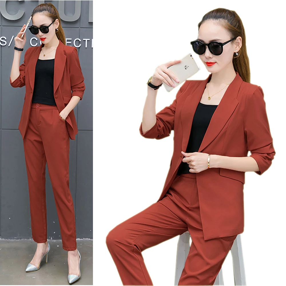 

2 Pcs/Set Women's Korean Casual Long Sleeve Blazer Suit Set - Blazer & Tapered Pant
