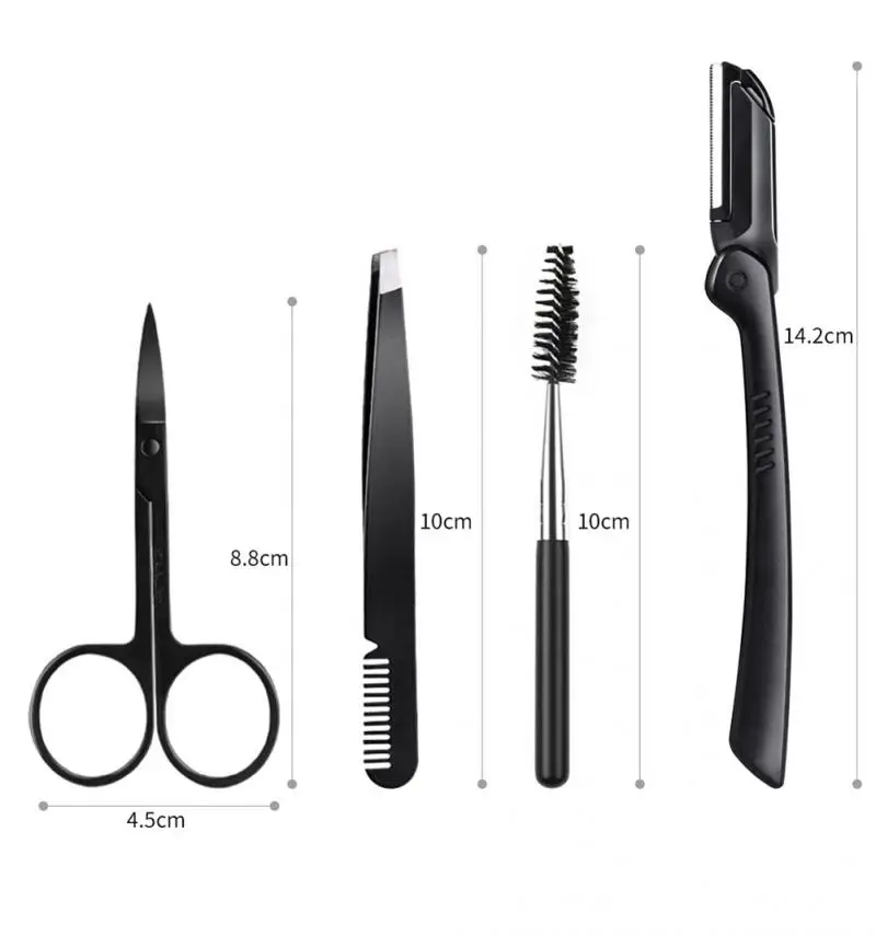 Black Eyebrow Trimming Scissors Stainless Steel Tweezers Eyebrow Scraping Comb Razor Clip Makeup Tools Sets