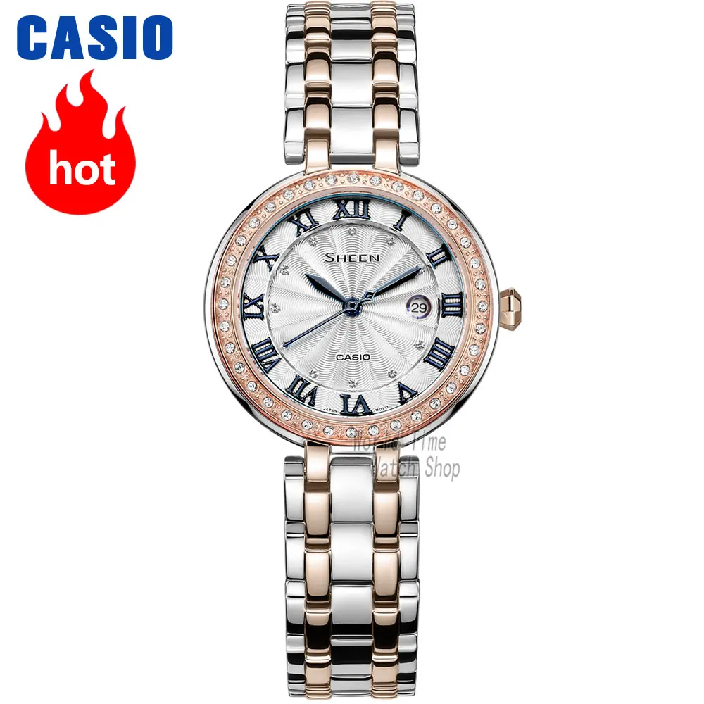Часы Casio SHEEN женские часы Swarovski Crystal топ класса люкс комплект 50м Водонепроницаемые кварцевые женские часы женские Розовое золото Подарки Часы Спортивные часы relogio feminino reloj mujer montre homme bayan - Цвет: SHE4034BSG7B-1