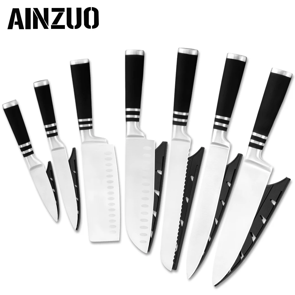 AINZUO 3Cr14 набор кухонных ножей из нержавеющей стали, горячая Распродажа, хорошее качество, 430 ручки, кухонные ножи с бесплатными сувенирные ножи, чехлы