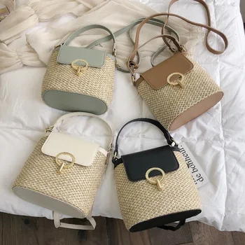 

New Women Messenger Shoulder Bags Summer small Straw Bucket Bags Female simple Crossbody Bags Lady Travel Purses and Handbags