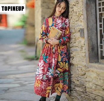 

New Autumn Retro Ethnic Leisure Long Printing Cotton Linen Dress Loose Size Dress in Spring and Summer of 2019