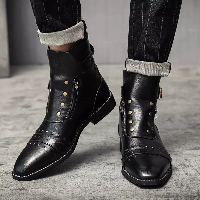 New Men pointed Rivet zipper Shoes Chelsea Boots Fashion Botas Frosted Trend Mens Casual Boots Luxury Hightop Shoes For Men