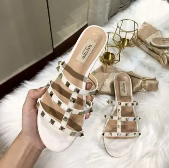 

2020 New Popular Women's Flat Rivet Valen Espadrilles Shoes Casual Sandals Leather Flat Slippers Flip Flop 35-41